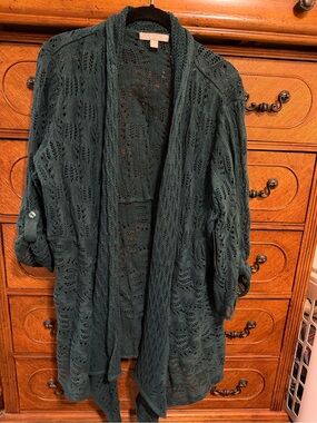 Woman Within Deep Green Open-Front Pointelle Waterfall Cardigan